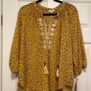 Mason & Belle 1X NWT  Yellow Bobby Embroidered Tie Detail Top